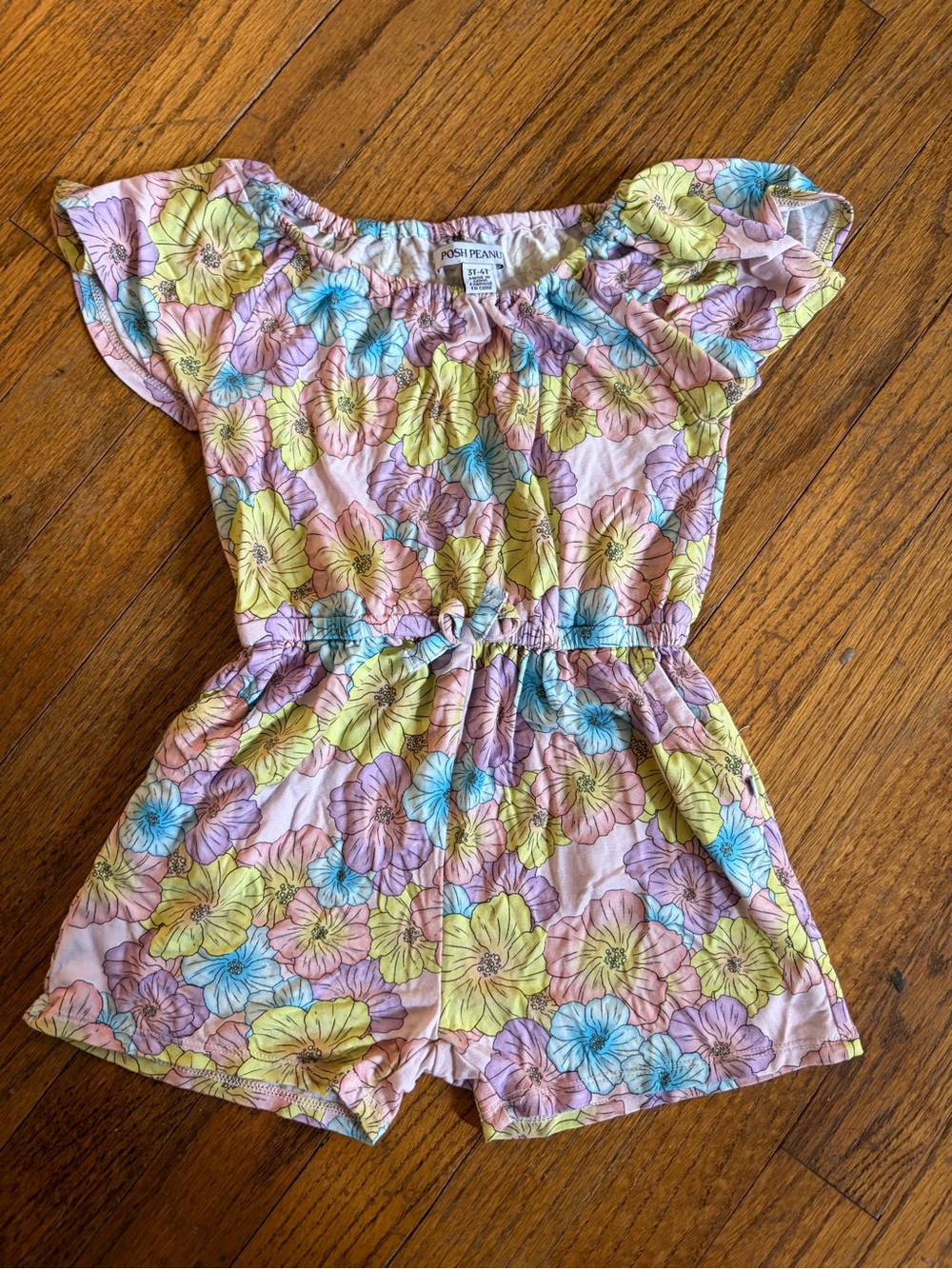 Bamboo 3T 4T Posh Peanut Pink Floral Off-Shoulder Romper with floral print